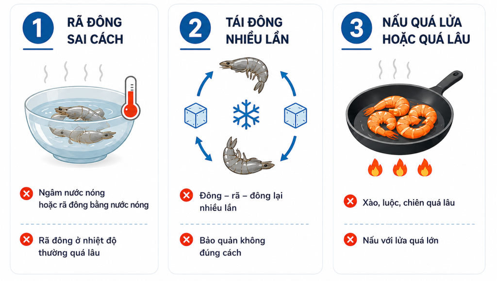 Ba nguyên nhân phổ biến khiến tôm thẻ cấp đông bị bở