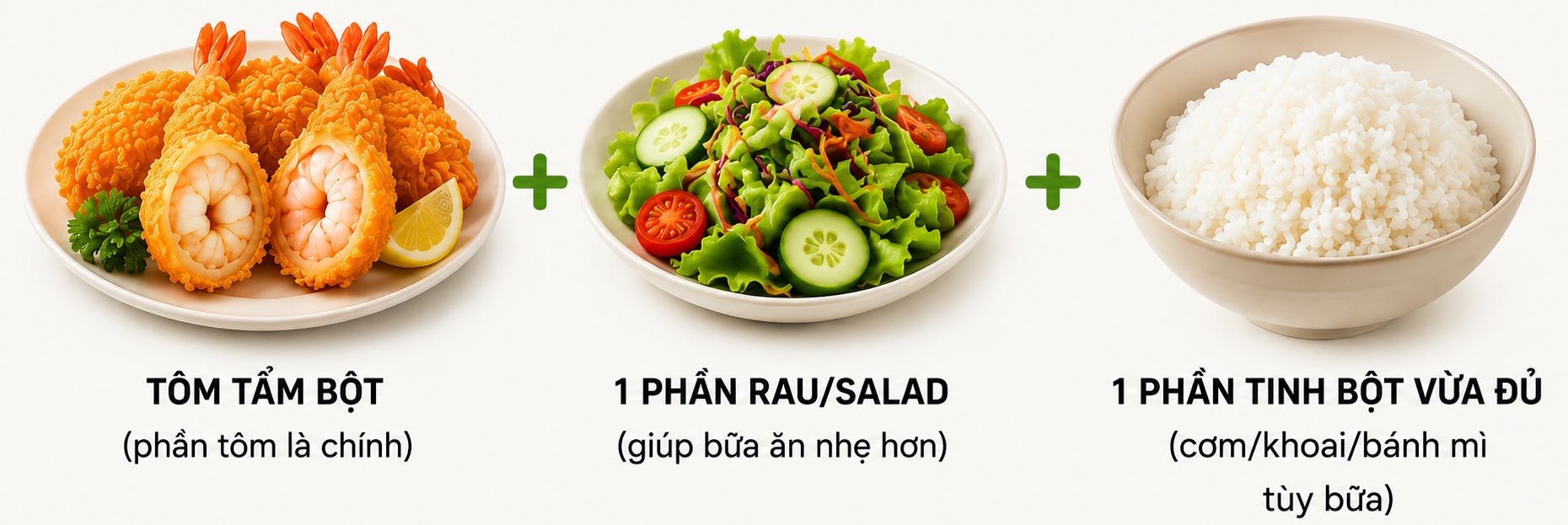 Tôm tẩm bột ăn kèm salad và cơm cho bữa chính cân bằng
