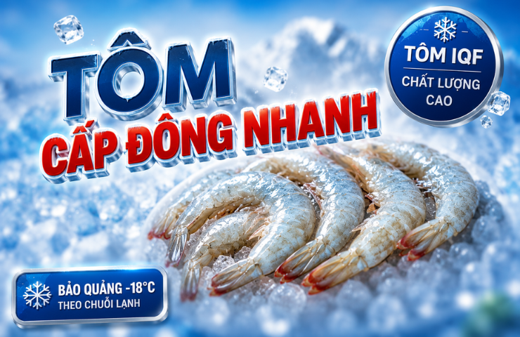 Tôm cấp đông nhanh IQF bảo quản -18 độ C theo chuỗi lạnh giúp giữ độ ngọt và chất lượng ổn định